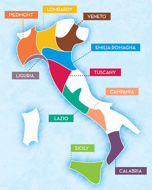 Illustrated map of Italy highlighting key regions associated with the films listed below